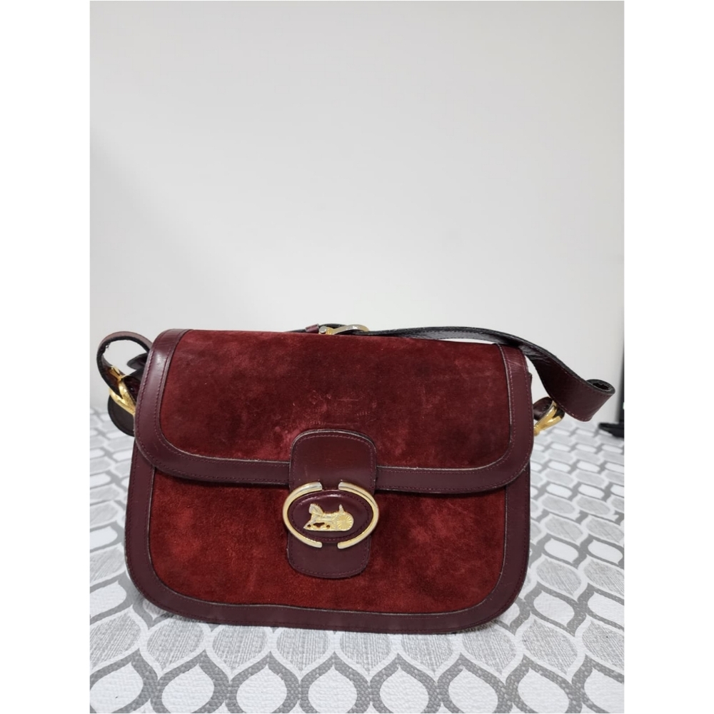 CELINE VINTAGE SULKY SUEDE CARRIAGE SHOULDER BAG BURGUNDY - Picture 6 of 15